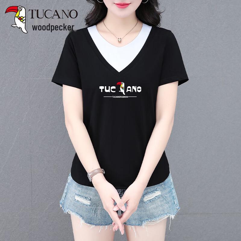 

Woodpecker Women s V-Neck Color-Block Pure Cotton T-Shirt L