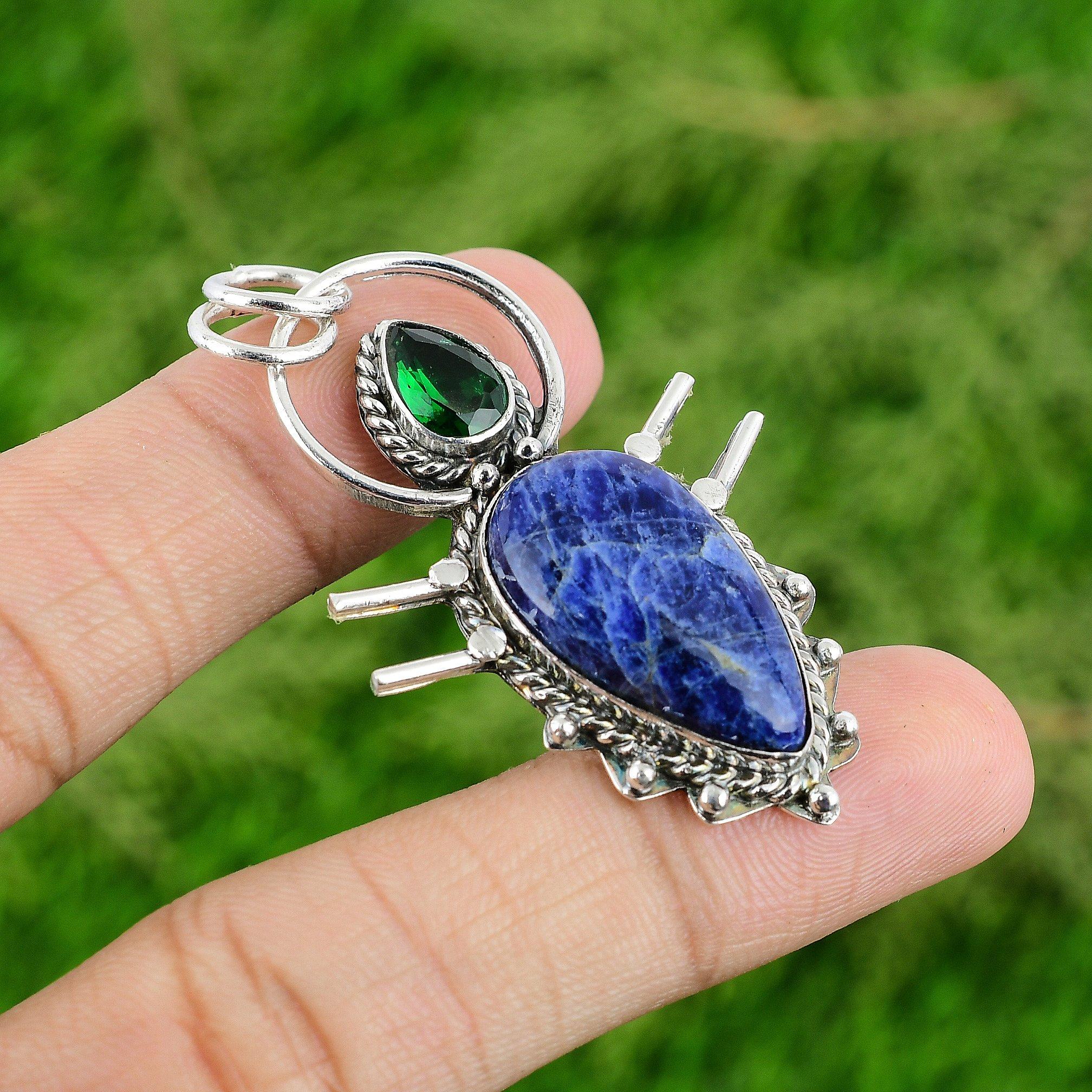 

Sodalite Gemstone Chrome Diopside Sterling Silver Bezel Artisan Elegant Pendant