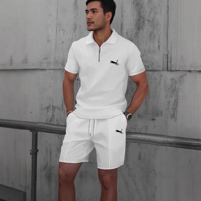 2025 Men's Summer Waffle Two-Piece Set: Solid Color Zipper Short Sleeve Top & Shorts