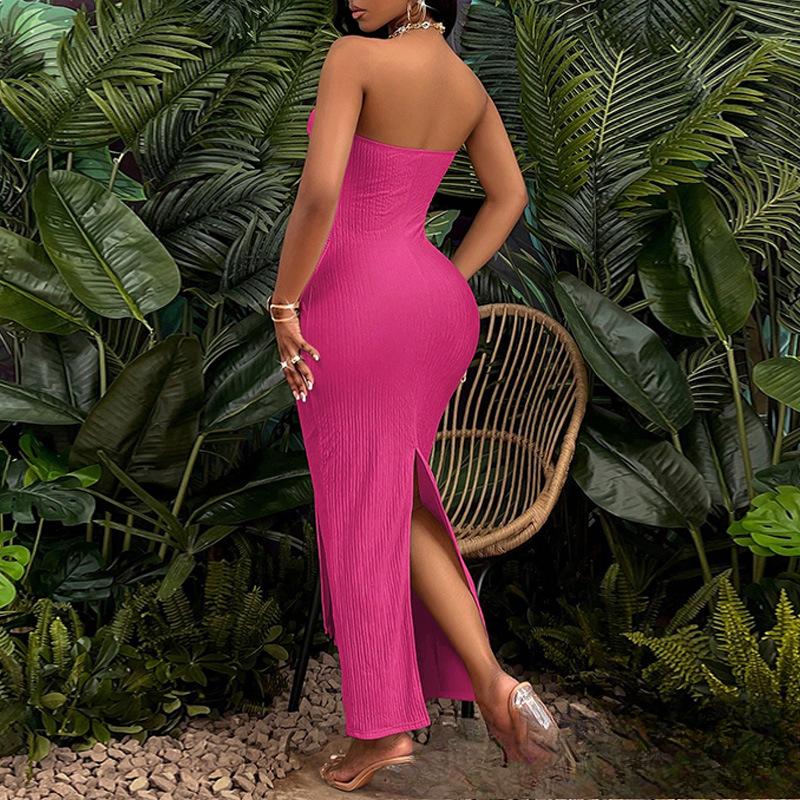 Europäisches und amerikanisches Sommer-Einfarbiges Kleid mit Schlitz, trägerlos, rückenfrei und mit freiem Bauchnabel