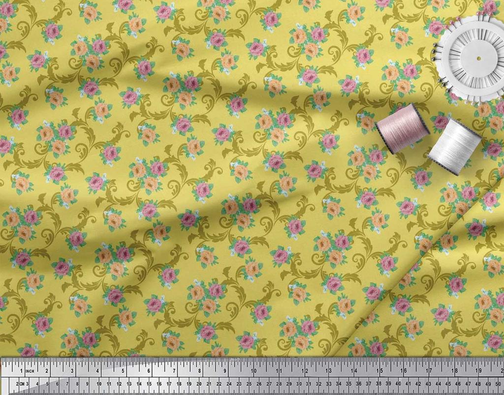 Soimoi Japan Crepe Satin Fabric Swirl,Leaves & Rose Floral Printed Fabric 1 Metre 42 Inch