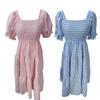 Women Dress Plaid Print Puffy Sleeve Square Collar High Waist Summer Swing Dress for Party