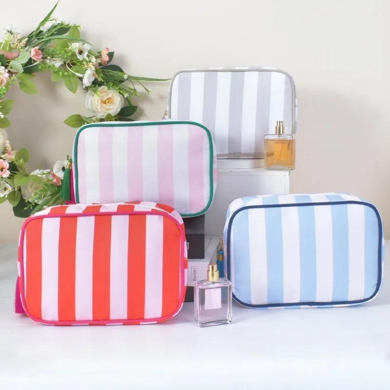 Large Striped Wash Cosmetic Bag for Women Tassel Zipper Makeup Bag Large Capacity Toiletry Storage Organizer Pouch Bags