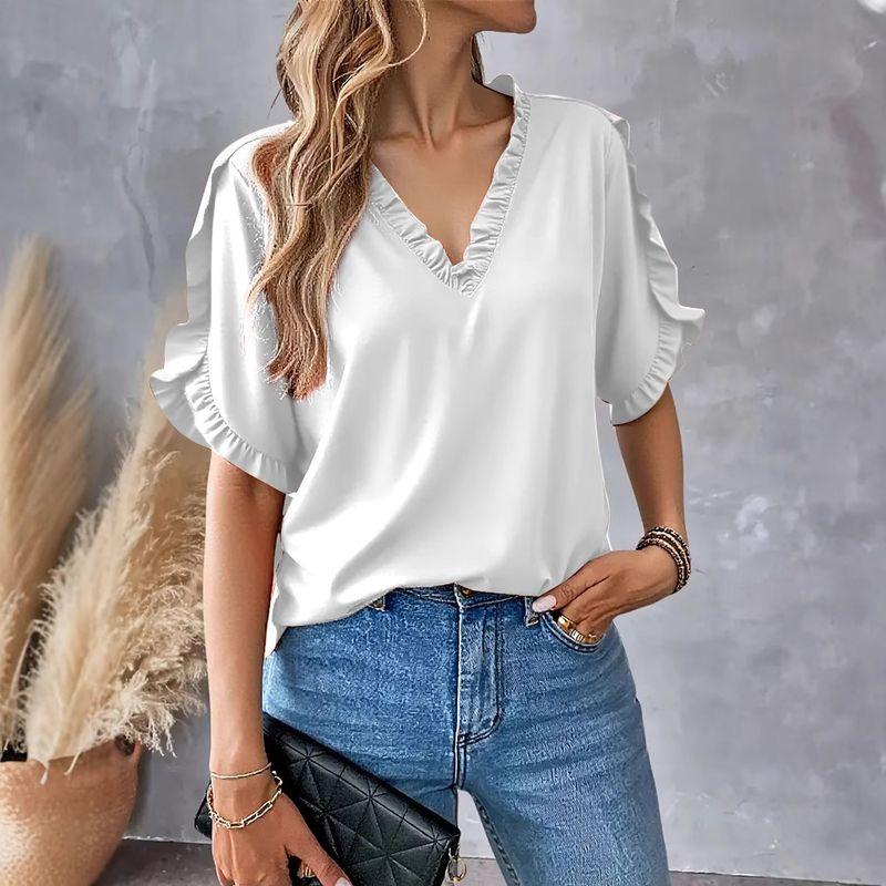 Summer Simple Solid Short Sleeve Frill V-neck Shirts Top Women Women's Shirt Top