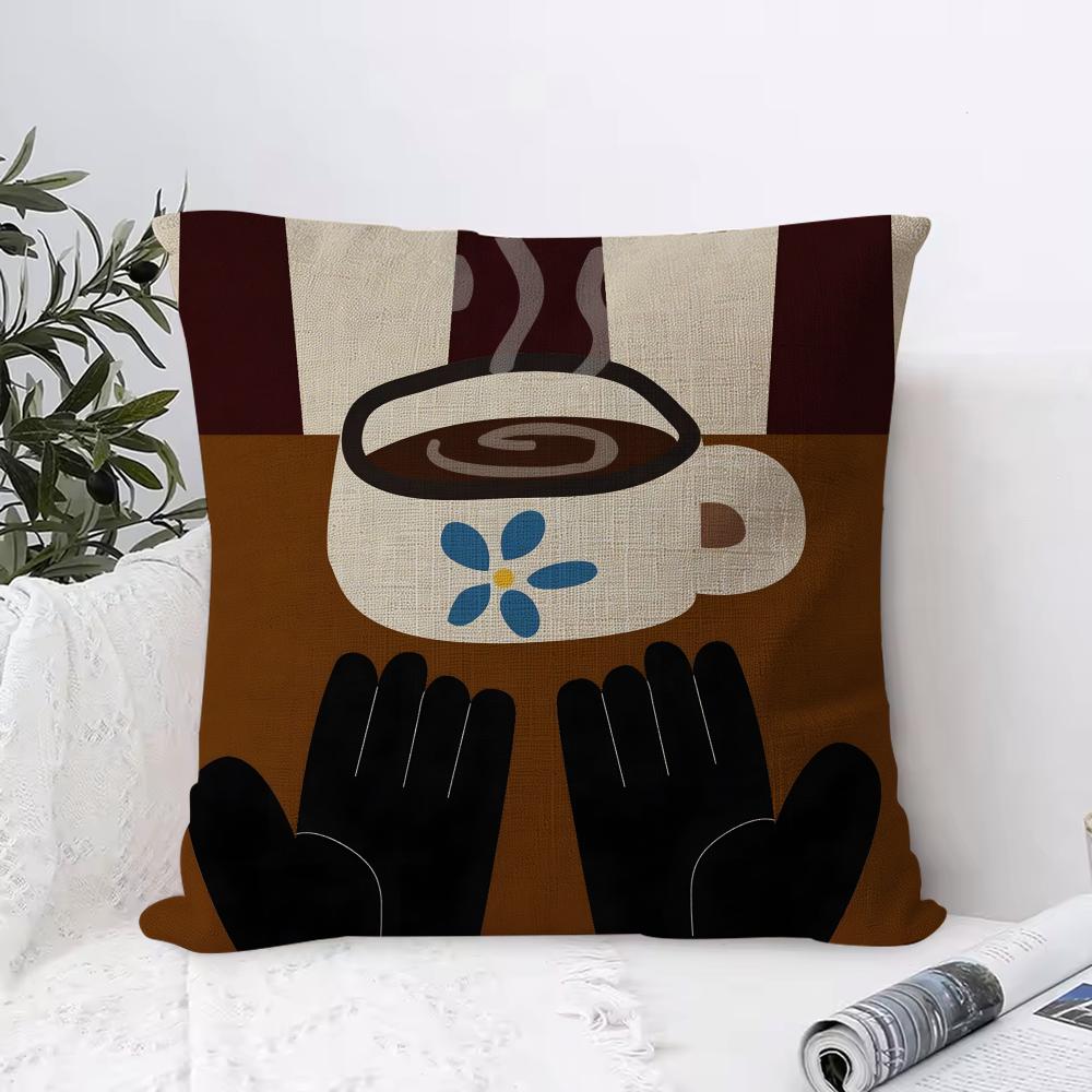 Creative Coffee Illustration Cushion Cover Breathable Linen Pillow Cover Skin-Friendly Home Decor Pillowcase With Hidden Zipper