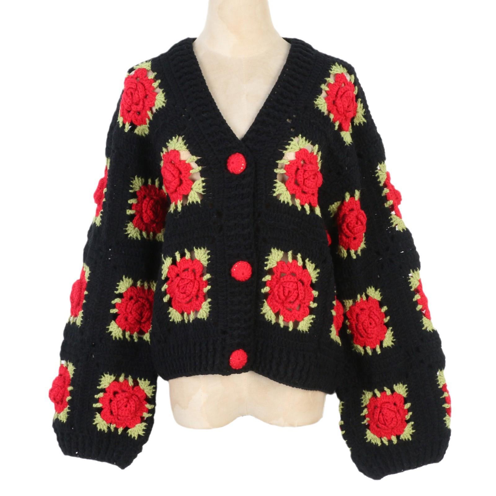 

Hand-Crocheted 3D Rose Openwork V-Neck Long Sleeve Knit Cardigan Small