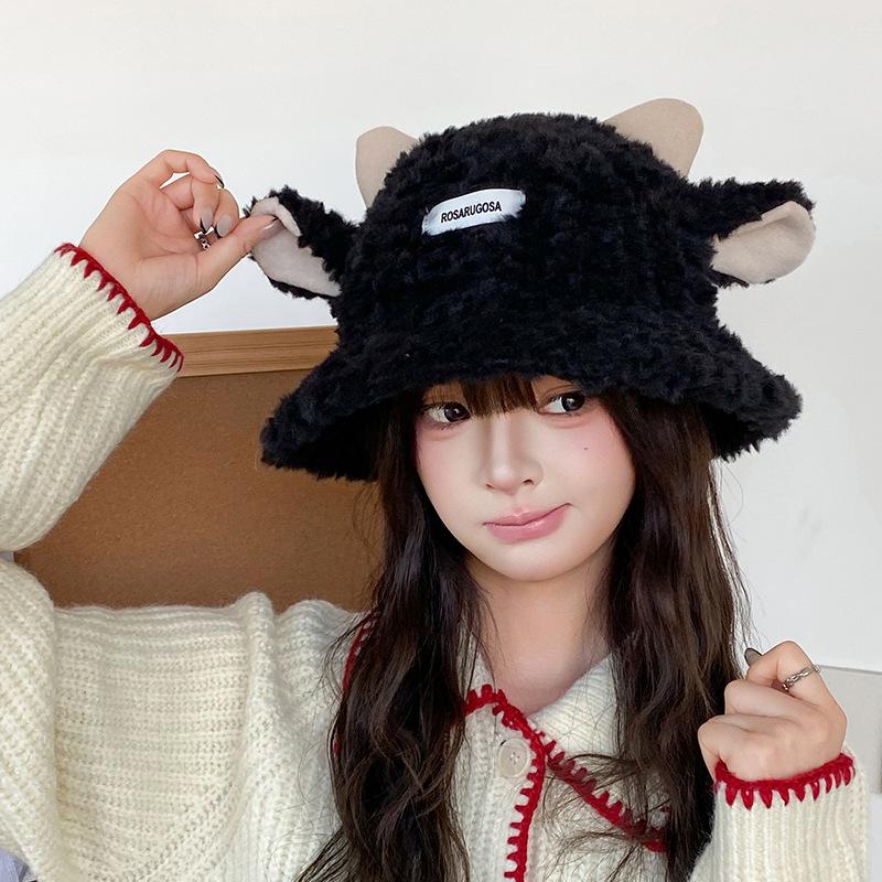 Women's Autumn and Winter Fisherman Hat, Korean Style Versatile Bucket Hat That Makes the Face Look Smaller, Lamb Wool Plush Hat, Japanese Cute Warm