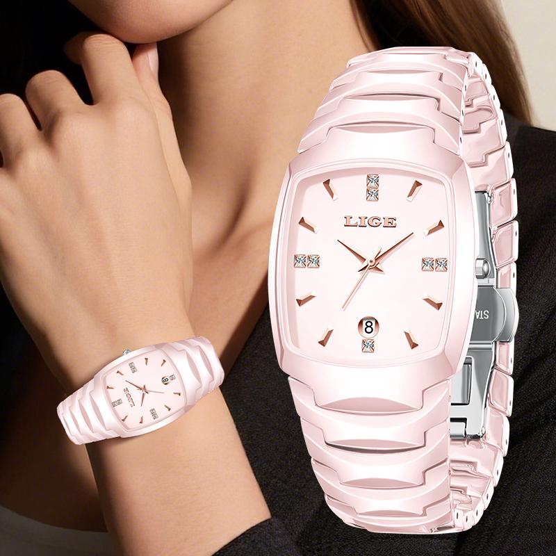 LIGE Damen Armbanduhr Elegantes Armband Mode Luxus Geschenk Kalender Keramik Damenuhr Quarz Exquisite Rosa Uhr Reloj+BOX
