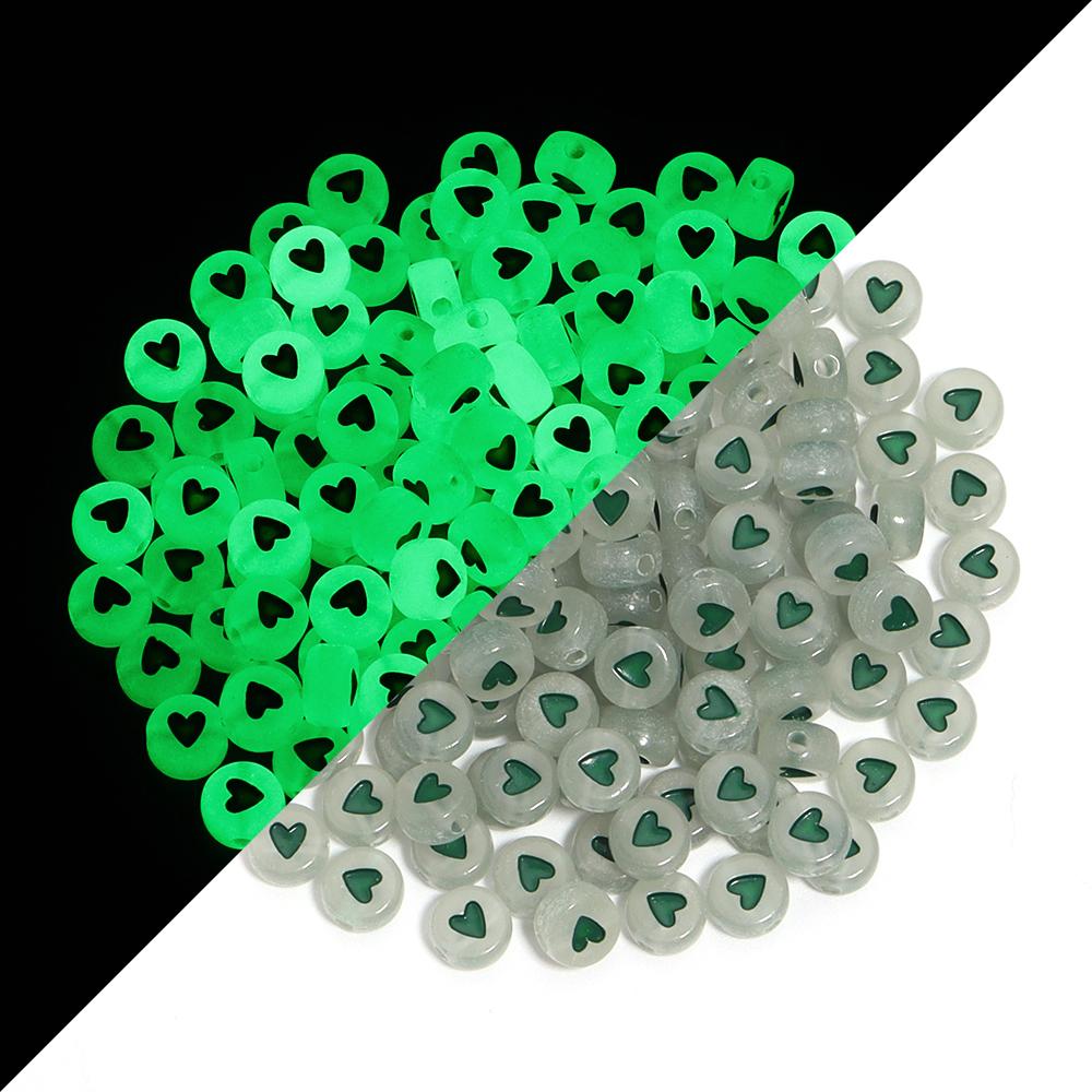 

100pcs/lot Acrylic Luminous Beads Love Heart Flat Round Loose Spacer Beads For Jewelry Making DIY Necklace Bracelets Accessories 7mm зелений