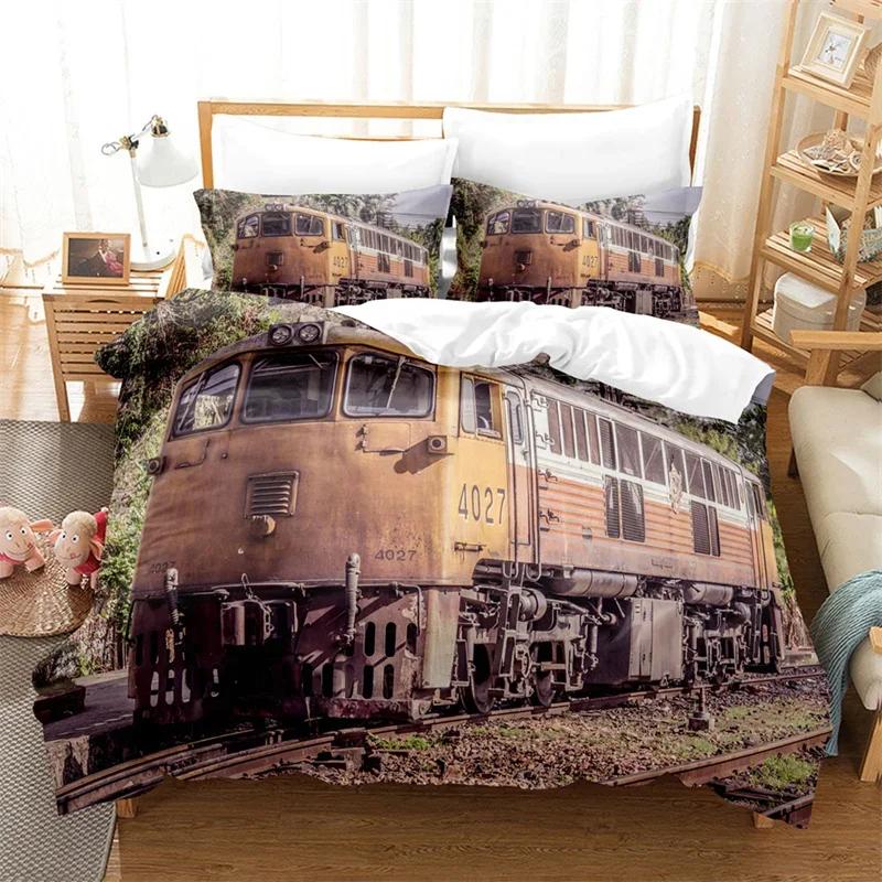 Comforter Steam Engine King Queen Microfiber Vintage Locomotive In Countryside Scenery Green Grass Train Pattern Bedding Set