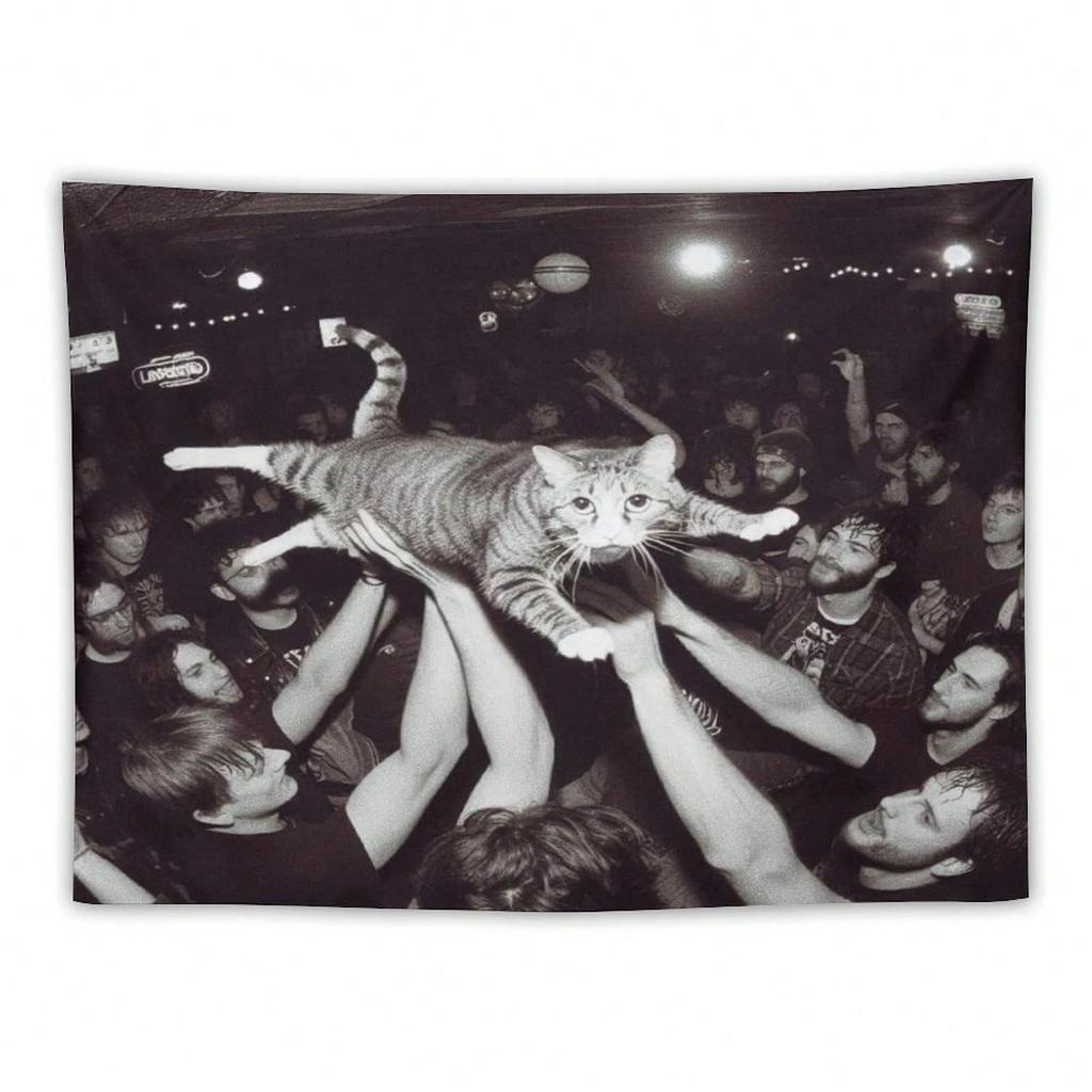 Funny Rock Concert Cat Tapestry Black White Meme Print Polyester Wall Hanging Punk Rock Themed Home Decor for Bedroom Dorm