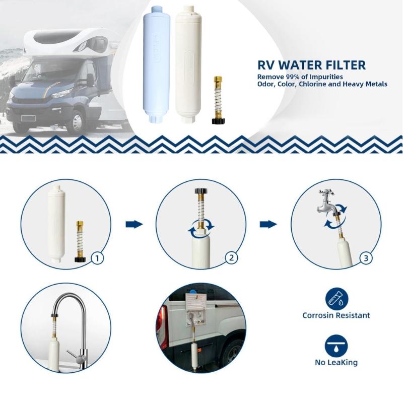 RV Marine Water Filter with Flexible Hose Protector Protects Against Bacterias Reduces Bad Taste Odors in Drinking Water