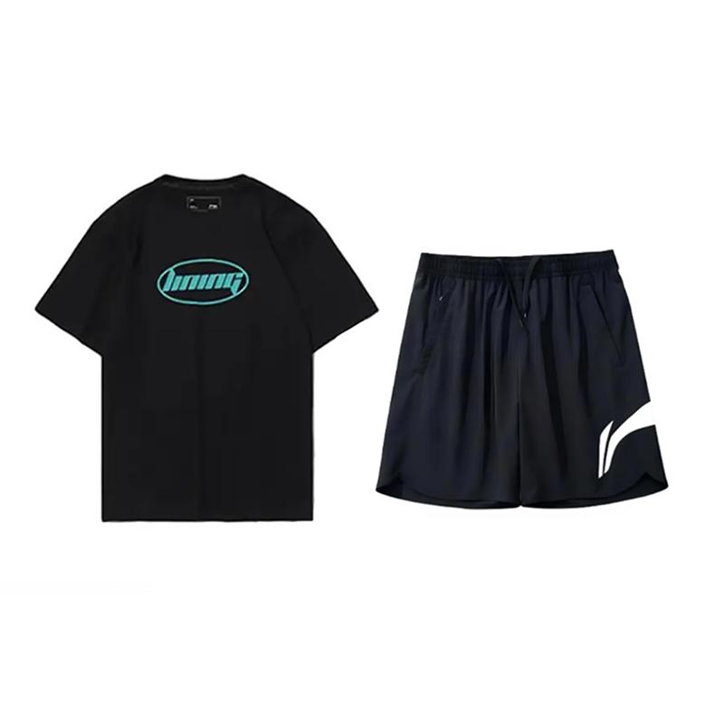 

Li-Ning Letter Print Round Neck Pullover Short Sleeve T-Shirt Fashion Loose Breathable Versatile Shorts Casual Sports Suit AHST465-2+YKSV197-2