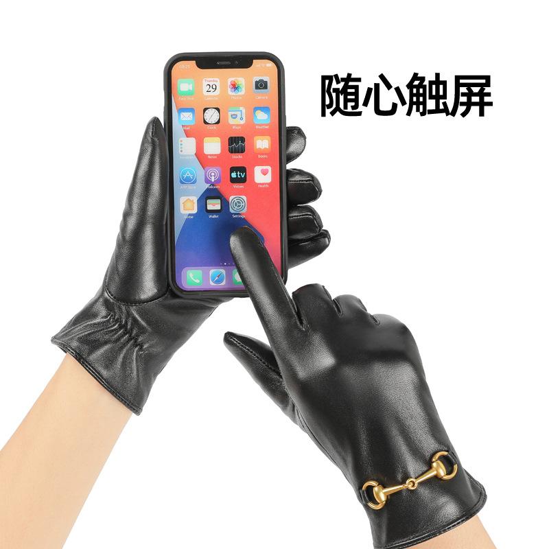 Leather Gloves Ladies Winter Warmth Velvet Thickened Touch Screen Driving Riding Fashion Repair Hands Layer Sheepskin Tide