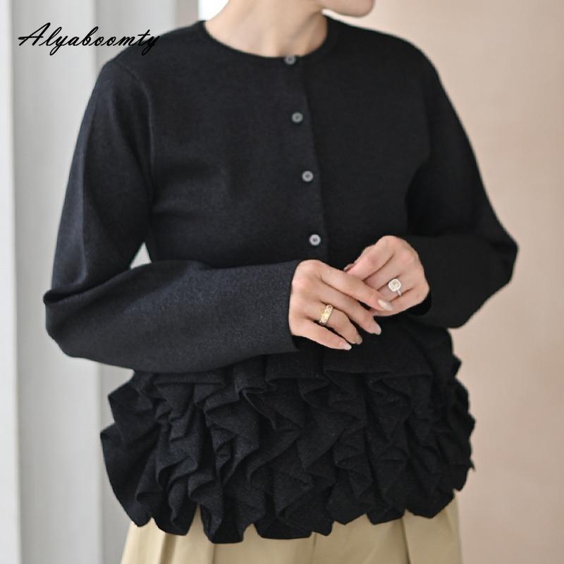 Elegantní móda Podzim Zima Dámský jednobarevný pletený kardigan Bílý Černý Růžový Volány Patchwork Úřednice Pletený svetr Sladký Dámský Hřejivý kabát