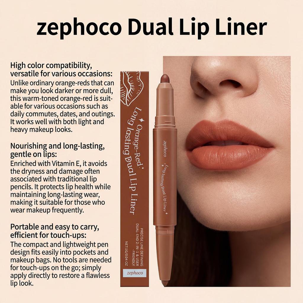 Zephoco Soft & Moist Double-Ended Lip Liner (Orange-Red) – Lightweight, Highly Pigmented, Long-Lasting Daily Lip Makeup.