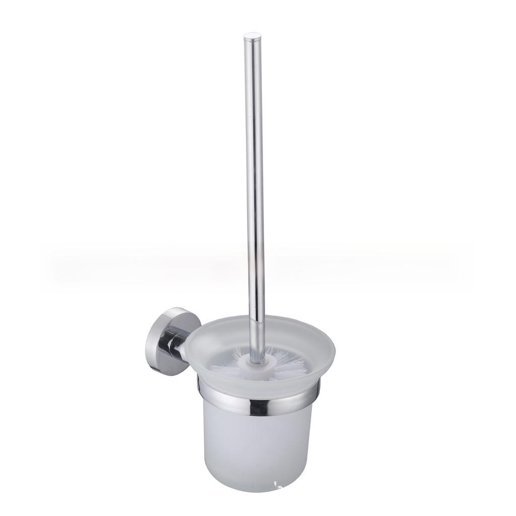 Chrome Wall Round Mounted Toilet Brush And Frosted Glass Holder For Bathroom Use
