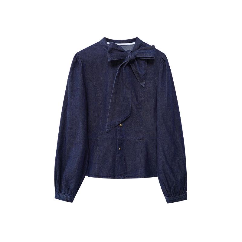 

Джинсовая рубашка с бантом во французском стиле, весна 2025 г. - замедляет старение, прекрасный темперамент, C3515 Medium джинсовый синий