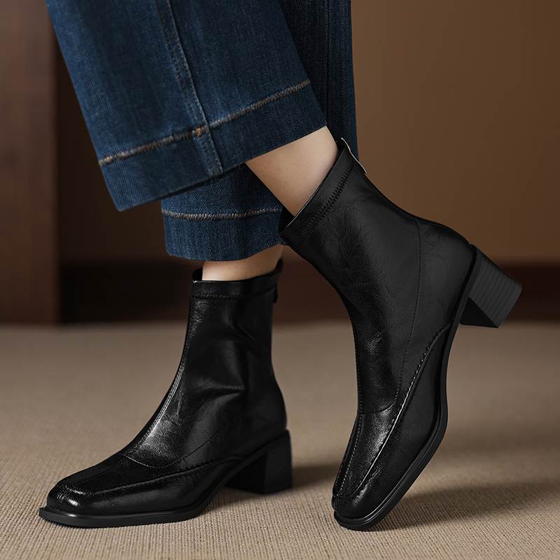 Krazing Pot Botines Chelsea de Puntera Cuadrada con Tacón Grueso de Microfibra Talla 42 Cremallera Decoración Plisada para Mujer Botines Elásticos en el Tobillo