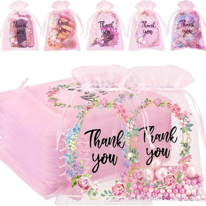 50Pieces Delicate Thankyou Gift Bag Jewelry Packaging Bag Chic Embroidery Mesh Bag Mesh Material for Birthdays Weddings