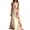 Women Halter Neck Maxi Dress Floral Print Sleeveless Long Flowing A-Line Vacation Dress with Waist Tie