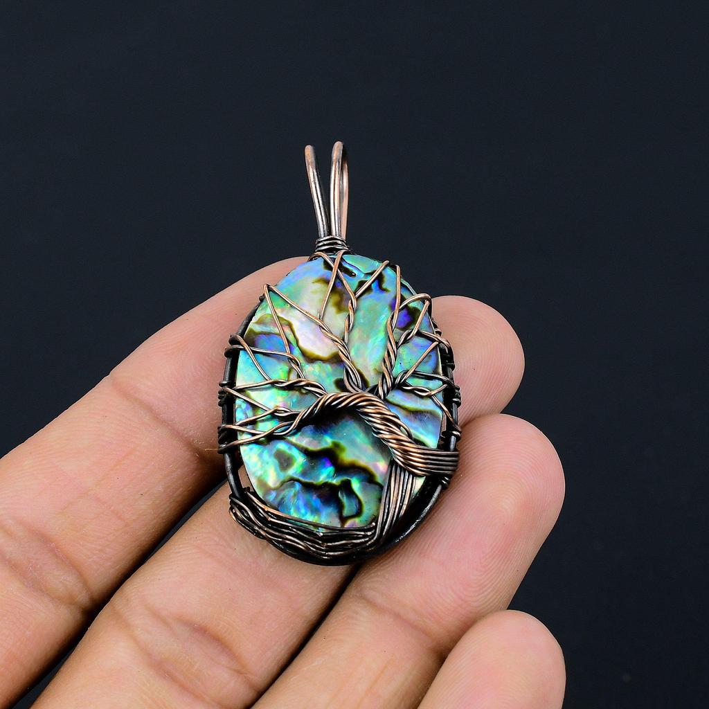 Tree Of Life Abalone Shell 999 Copper Wire Wrapped Pendant, Handmade Gemstone Pendant Jewelry, Gifts For Wife Brand New Pendant