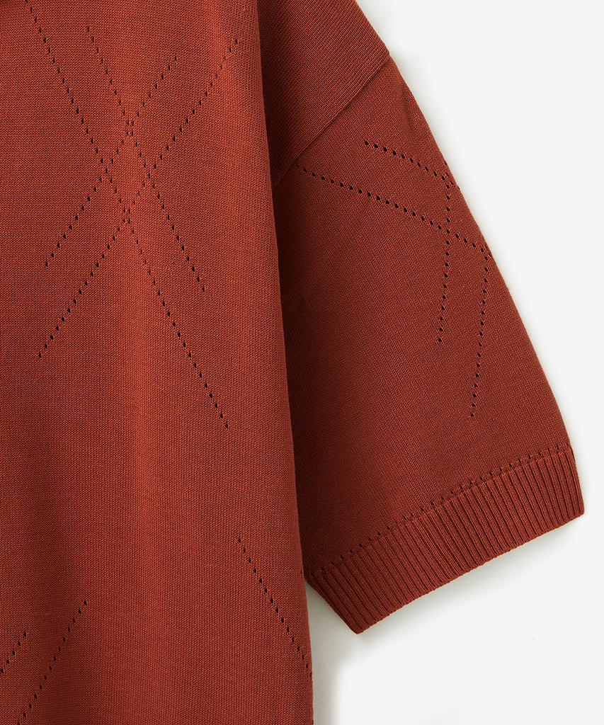 BLOND9 Cotton Hash Open Collar Short Sleeve Knit_Red Brick