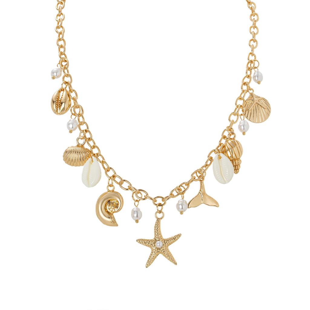 Women's Gold Thick Chain Starfish Shell Pearl Choker, Versatile Vacation Style Clavicle Necklace for Seaside