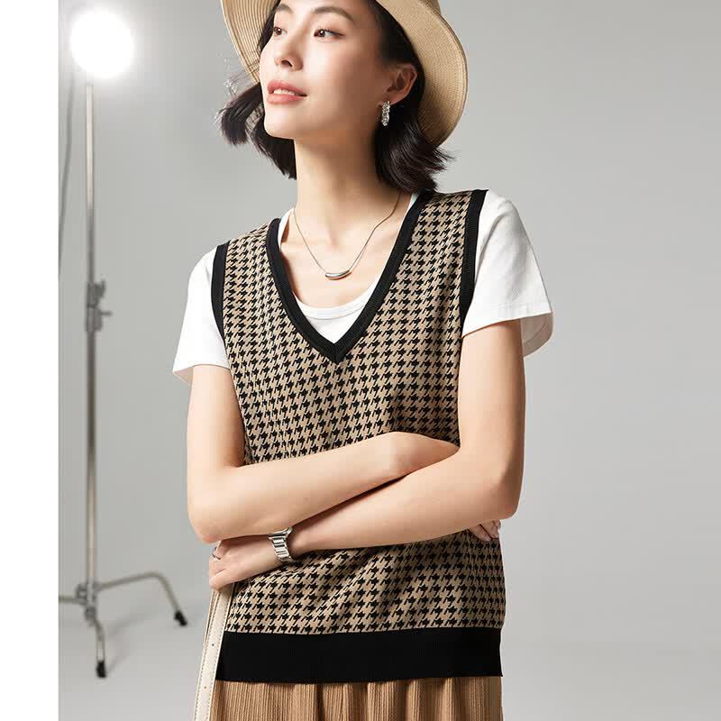 Women s Vintage Houndstooth Knitted V-Neck Sleeveless Vest L