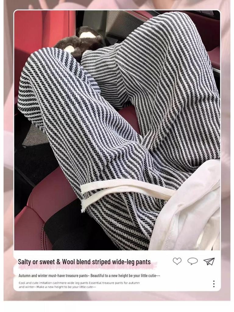 Women's High-Waist Black & White Striped Wool Wide-Leg Pants - Petite 150, Autumn/Winter Collection