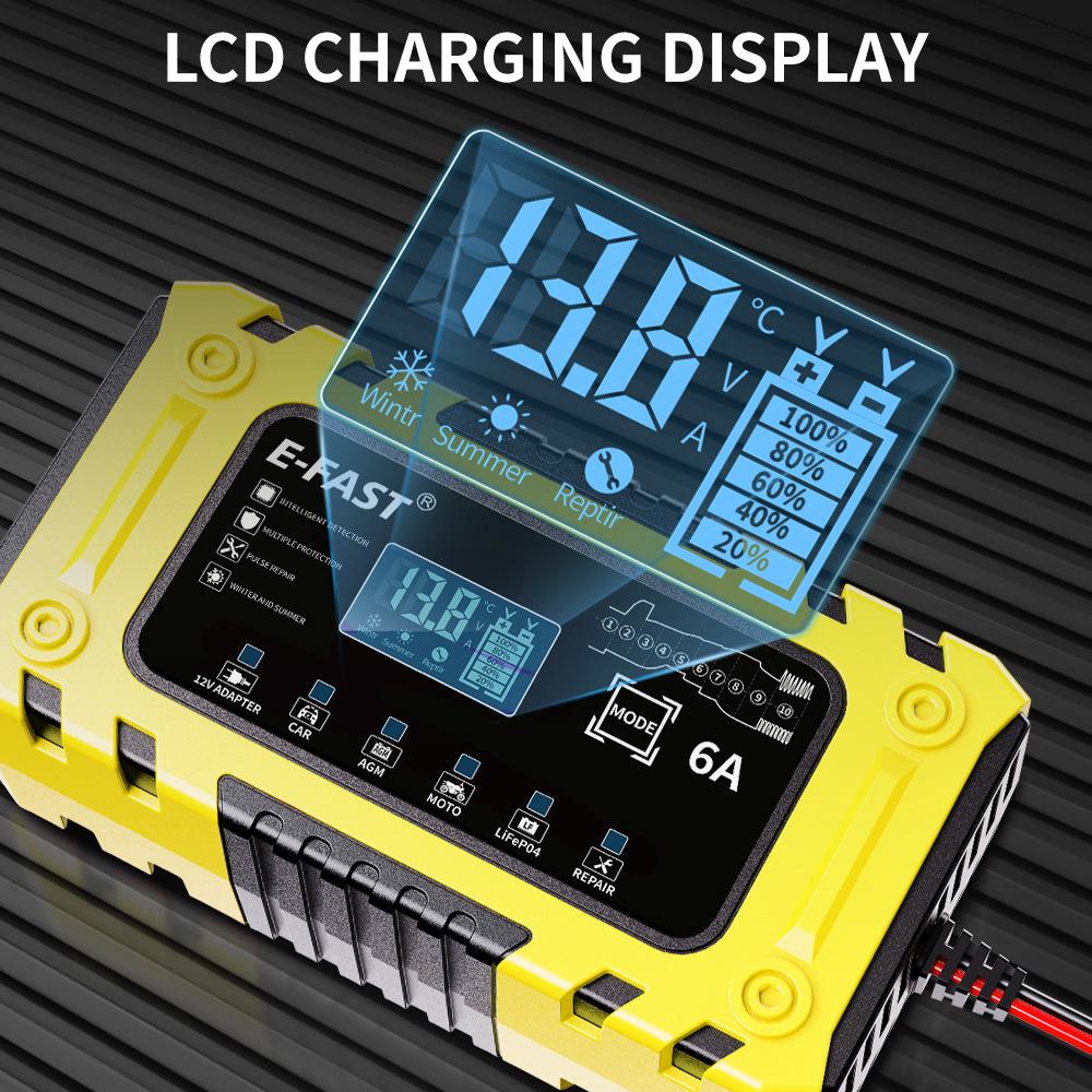 12V 6A Smart Battery Charger, Ten-Stage, Auto-Stop for Lead-Acid & LiFePO4 Batteries