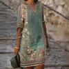 Spring and Summer Women's New Printed V-neck Dress Temperament Commuting