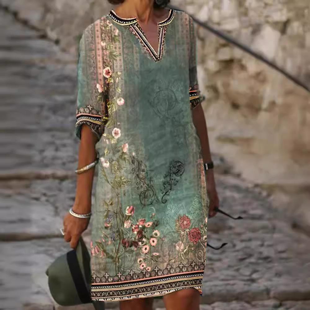 Spring and Summer Women's New Printed V-neck Dress Temperament Commuting