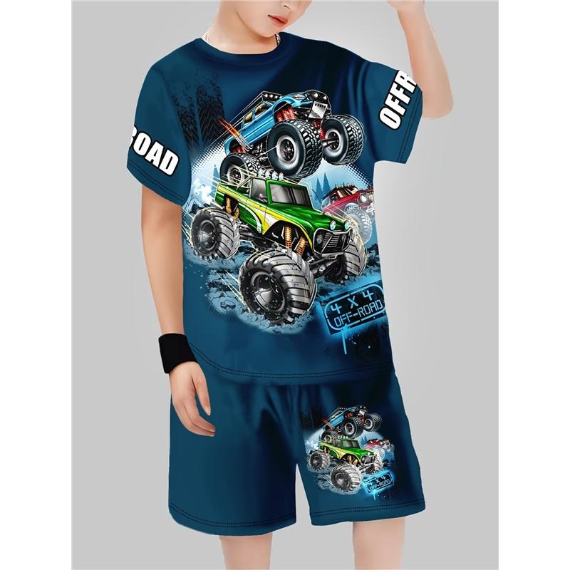 Children's Casual Set: Summer Boys' Fashionable Printed Short-Sleeve Shirt and Shorts Set