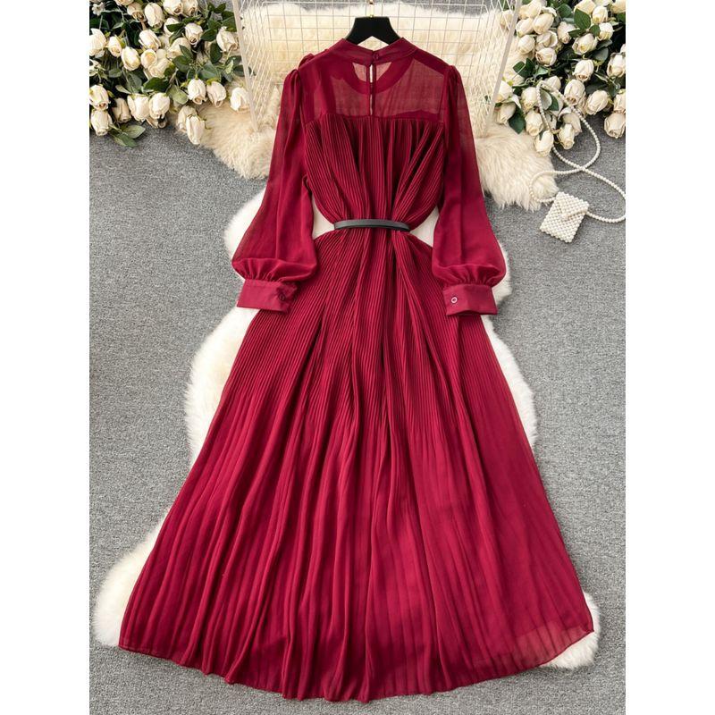 Early Spring Dress Women's 2024 New Arrival Sweet Bows Heavy-Duty Pleated Chiffon Dress Puff Sleeves Vacation Skirt