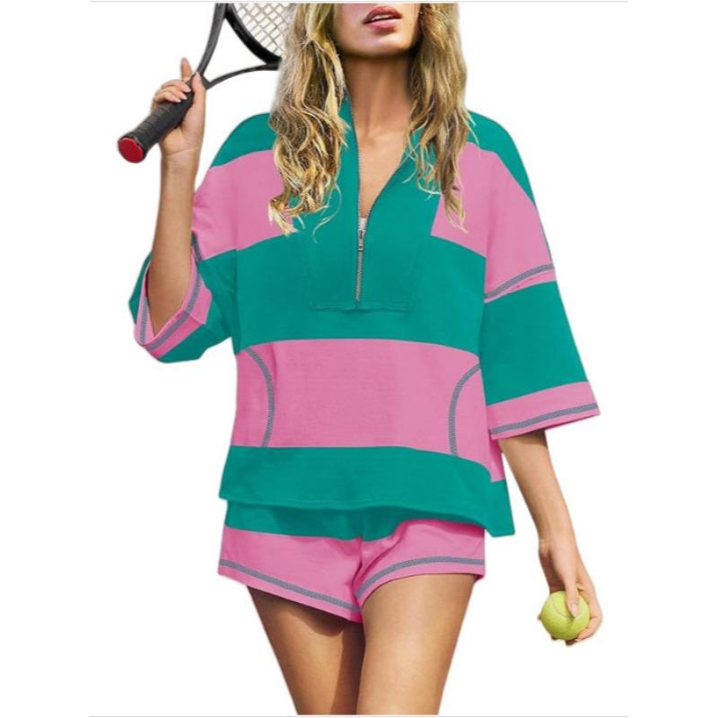 Schwarz-Weiß Colorblock Halbreißverschluss 3/4 Ärmel Oberteil & Shorts 2-teiliges Set