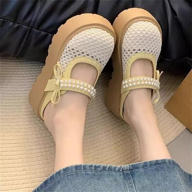 7Cm thick-soled bag head half-drag women's shoes 2025 summer versatile bow pearl mesh hollow breathable outer shoes