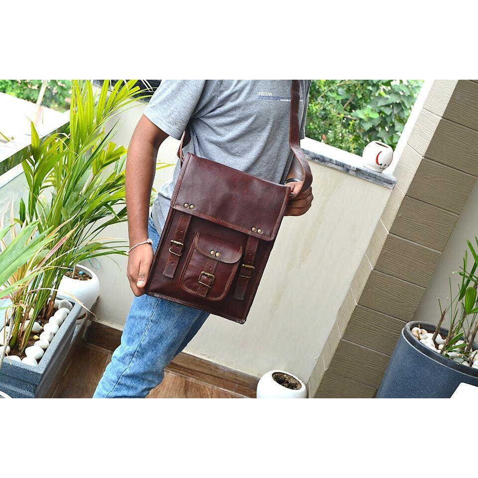 Vintage Leather Bags Full Grain Messenger Crossbody I-pad Bag Satchel Goat Hide