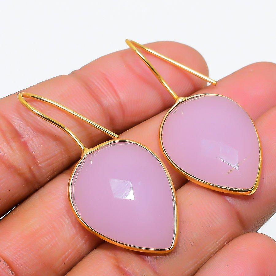 Pink Chalcedony Gemstone 925 Solid Sterling Silver Jewelry Earring 1.58" GK-5844