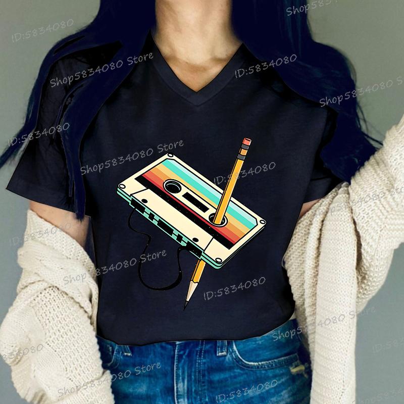 Vintage 80s Cassette Tape Pencil Print T Shirt Summer New Women Classics VNeck Tshirts Retro Throwback Music Lover Gift Tshirt