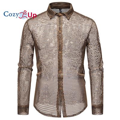 Cozy Up New Fashion Hollowed Out Design Men's Long Sleeve Shirt Personality Performance Shirts Male Nightclub Dance Perspective Shirt