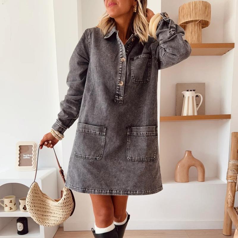 IHUASU Fashion Spring Autumn Solid Color Print Long Sleeve POLO Neck Casual Dresses