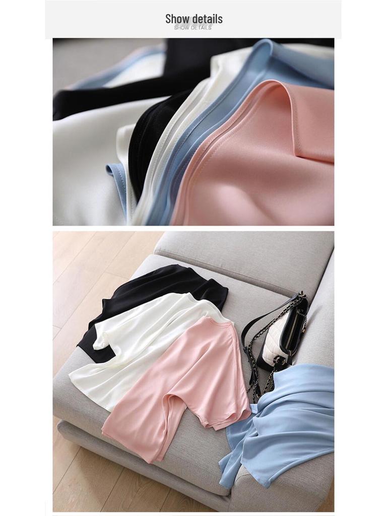 Korean Style Satin Three-Quarter Sleeve Women's Slimming Top