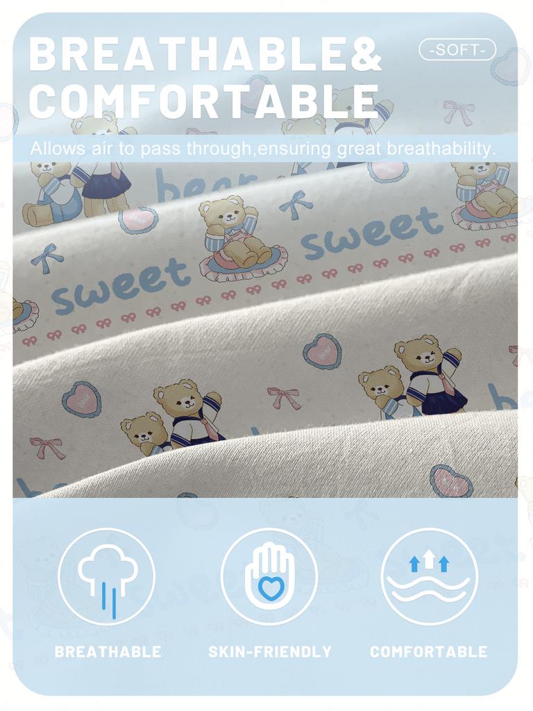 1 Cartoon Cute Animal Bear Printed Matte Fitted Sheet, Bedroom Printed Bed Cover, Bedding (Excluding Pillowcases)