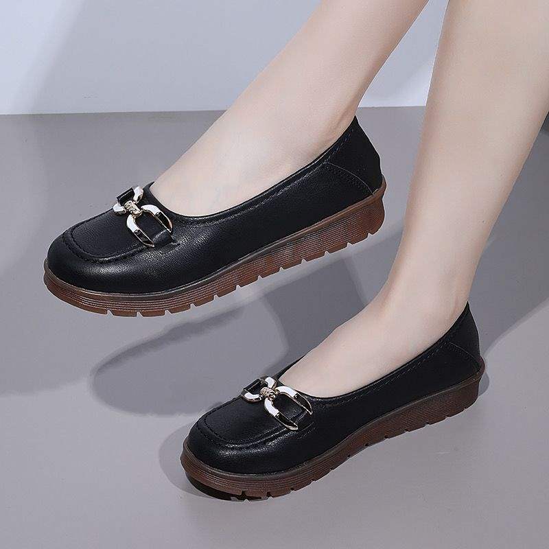 Real soft leather new pedals Doudou beef tendon soft-soled shoes non-slip middle-aged and elderly single shoes flat mother women's shoes casual
