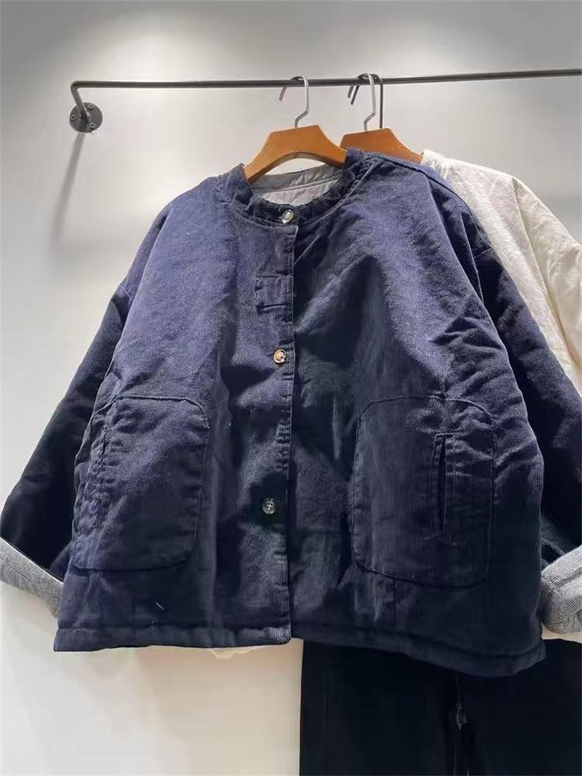 

Johnature Зимняя ретро вельветовая куртка Двусторонняя теплая женская свободная хлопковая повседневная лоскутная куртка One Size темно-синий