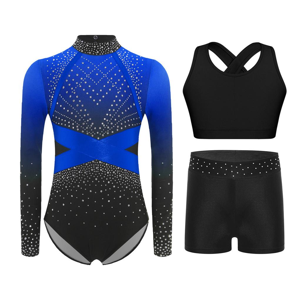 Girls Sparkly Rhinestones Color Block Leotard Long Sleeve Keyhole Back Design Cross Back Vest Shorts Skating Outfit