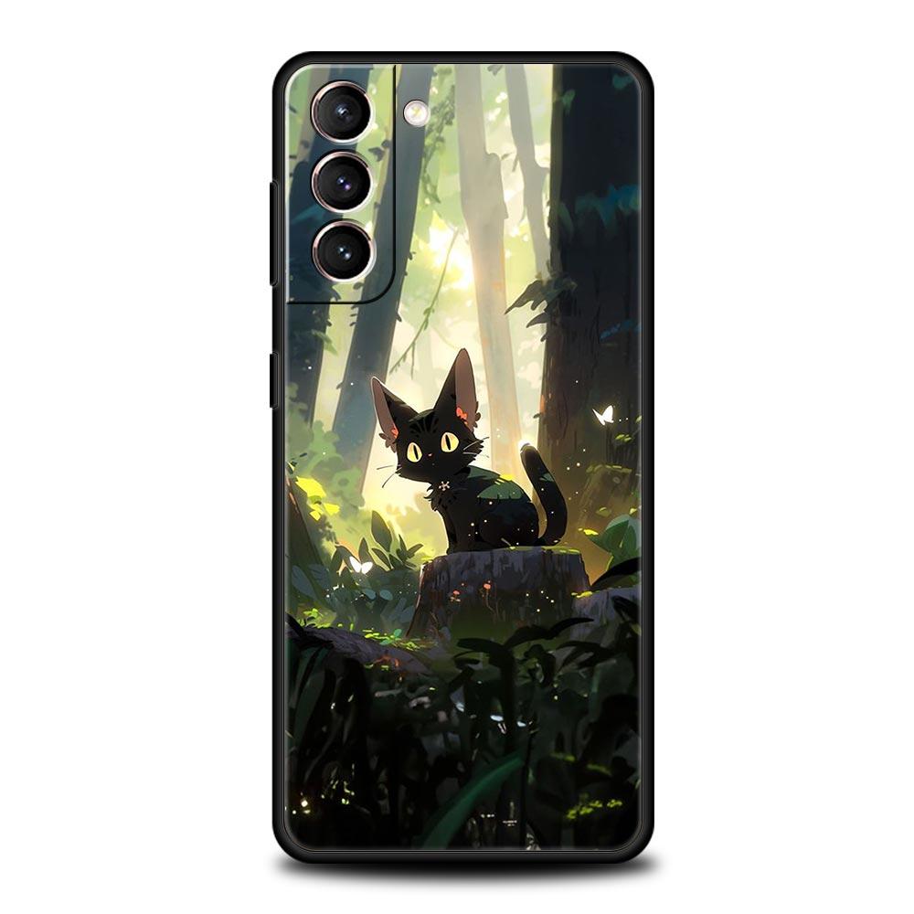 Artistic Black Cat Starry Night Phone Case For Samsung Galaxy S25 Edge S24 Plus S23 FE S22 S21 S20 Ultra 5G S10 Protect Cover