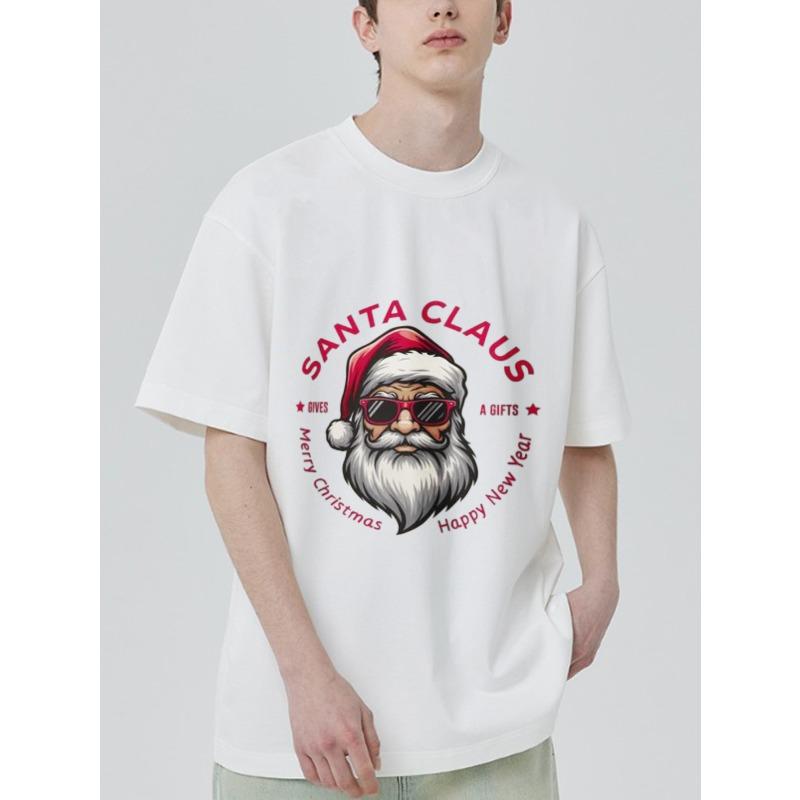 Vánoční tričko bílé Santa Claus se slunečními brýlemi a textem Veselé Vánoce Šťastný Nový Rok Sváteční párty Běžné nošení