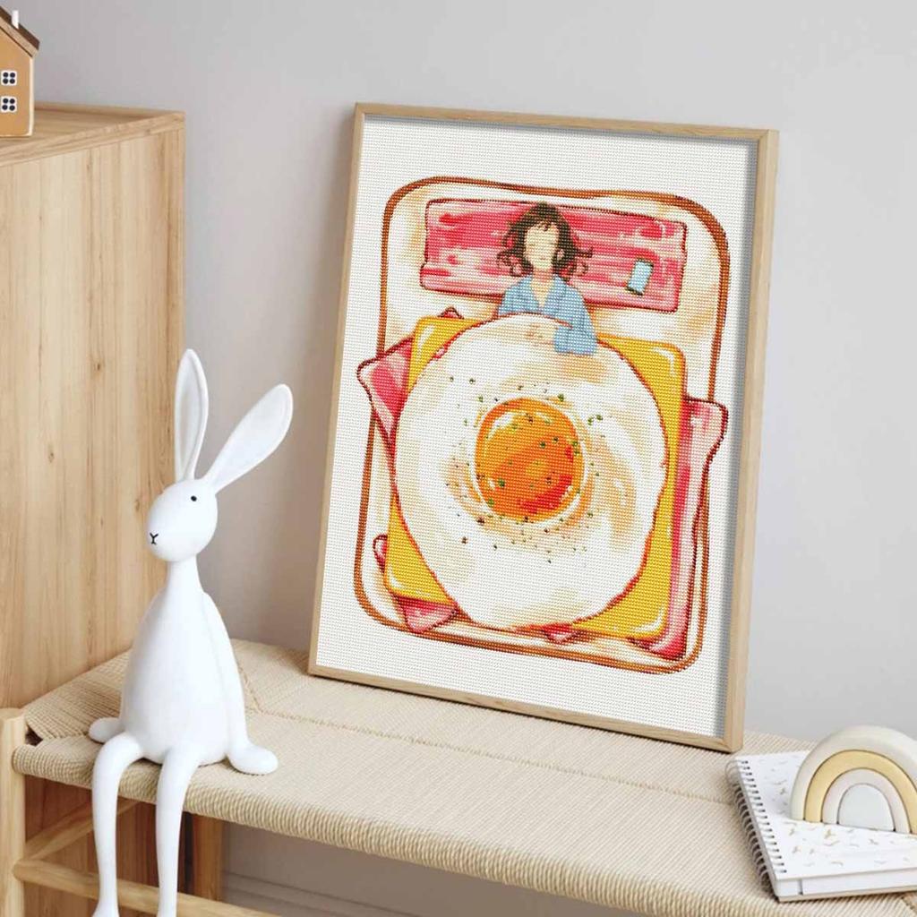 Diamond Painting Kit Full Diamond Round Mosaic Cozy Bedroom Woman Fried Egg Breakfast Pink Pillow Home Decor Gift
